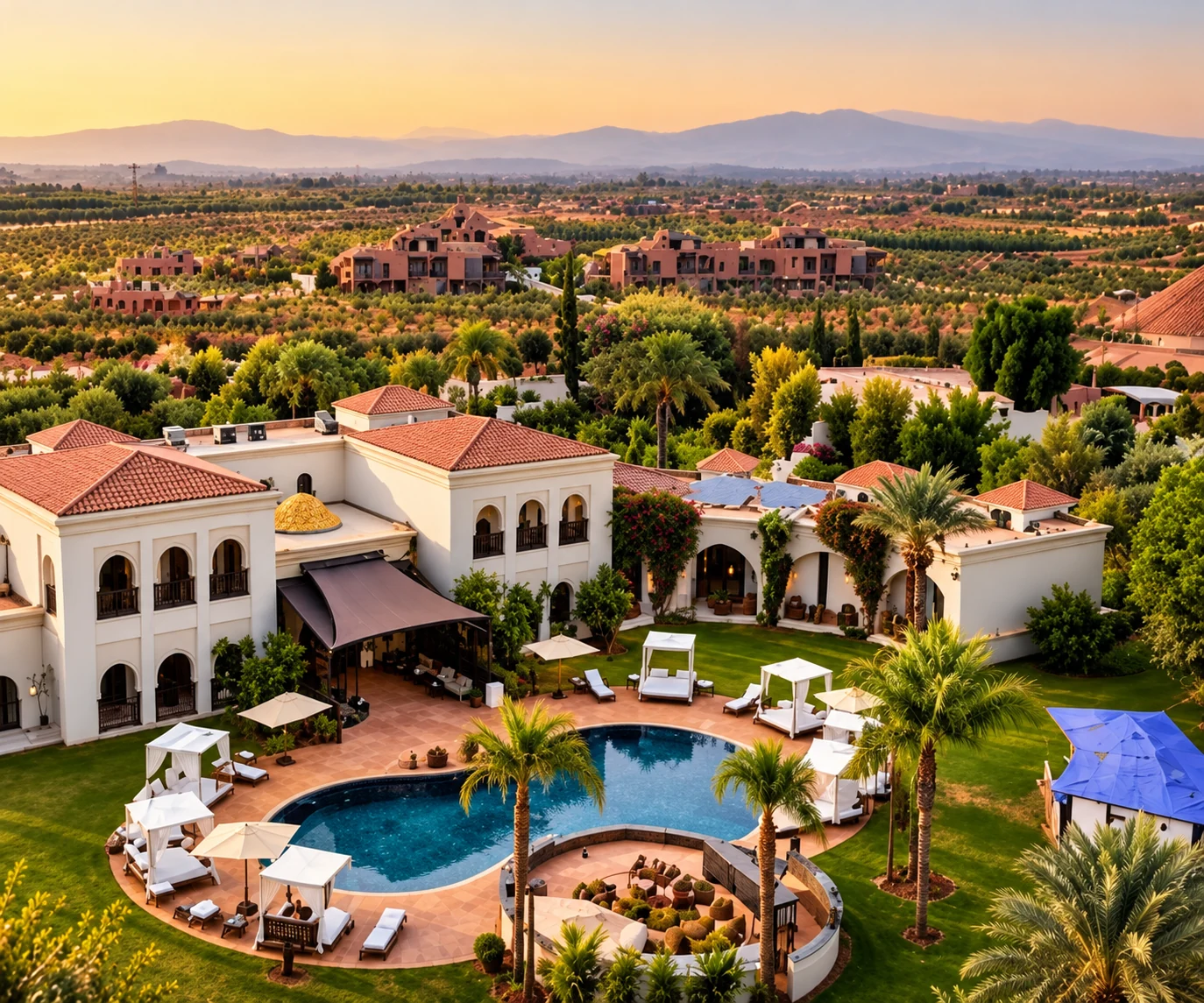 Vue aérienne du Palais Anthea, de ses jardins et de sa piscine sur la Route de l’Ourika
