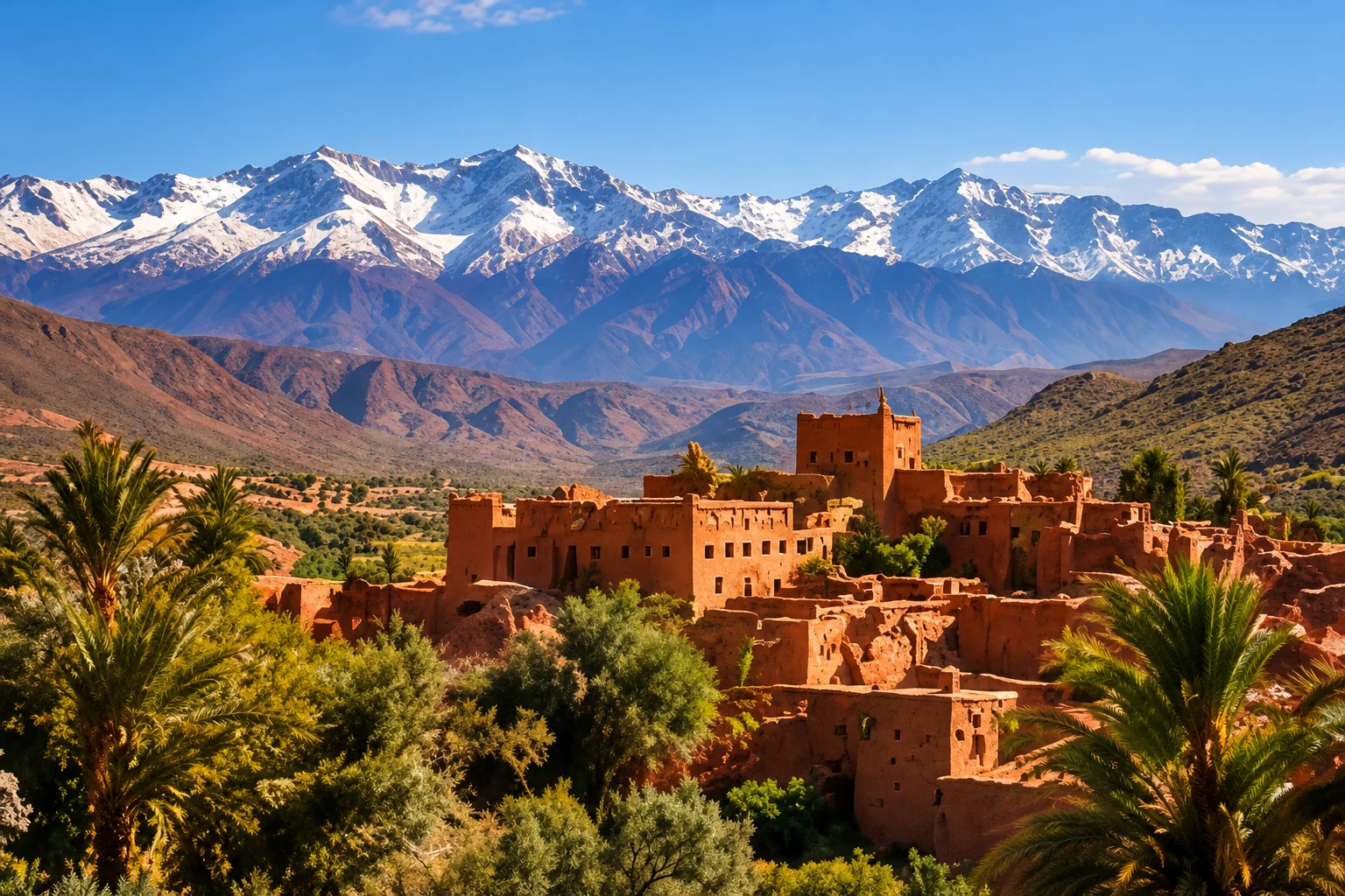 Village de l’Atlas et palmeraie sous les sommets enneigés du Maroc