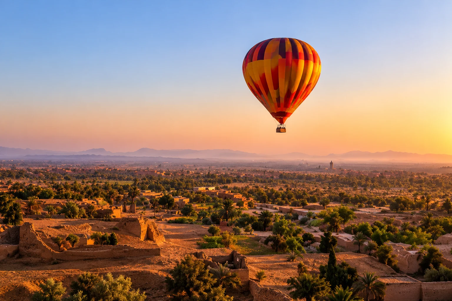 Montgolfière au-dessus des paysages de Marrakech à l’aube