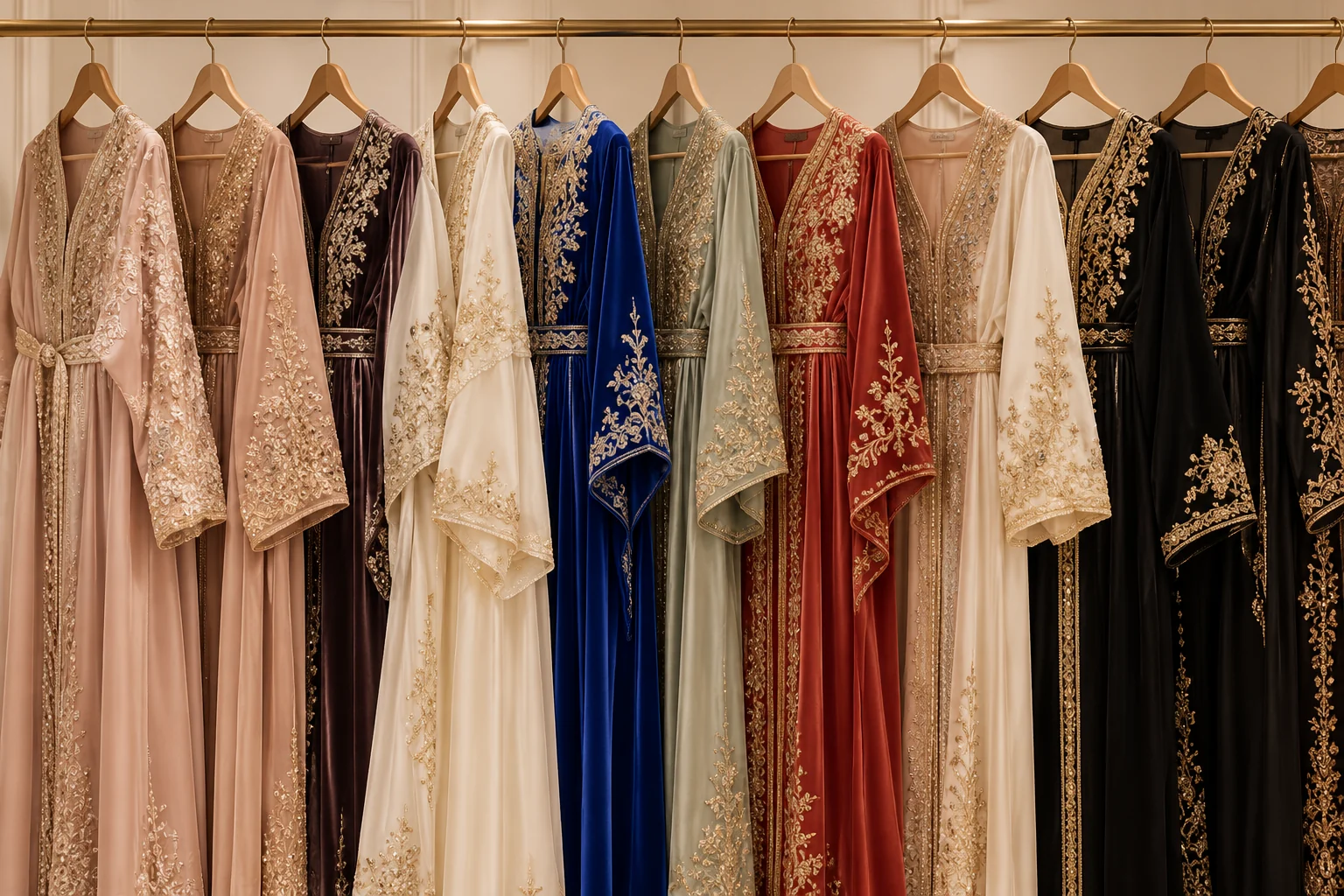 Caftans marocains brodés dans des tons naturels et rosés
