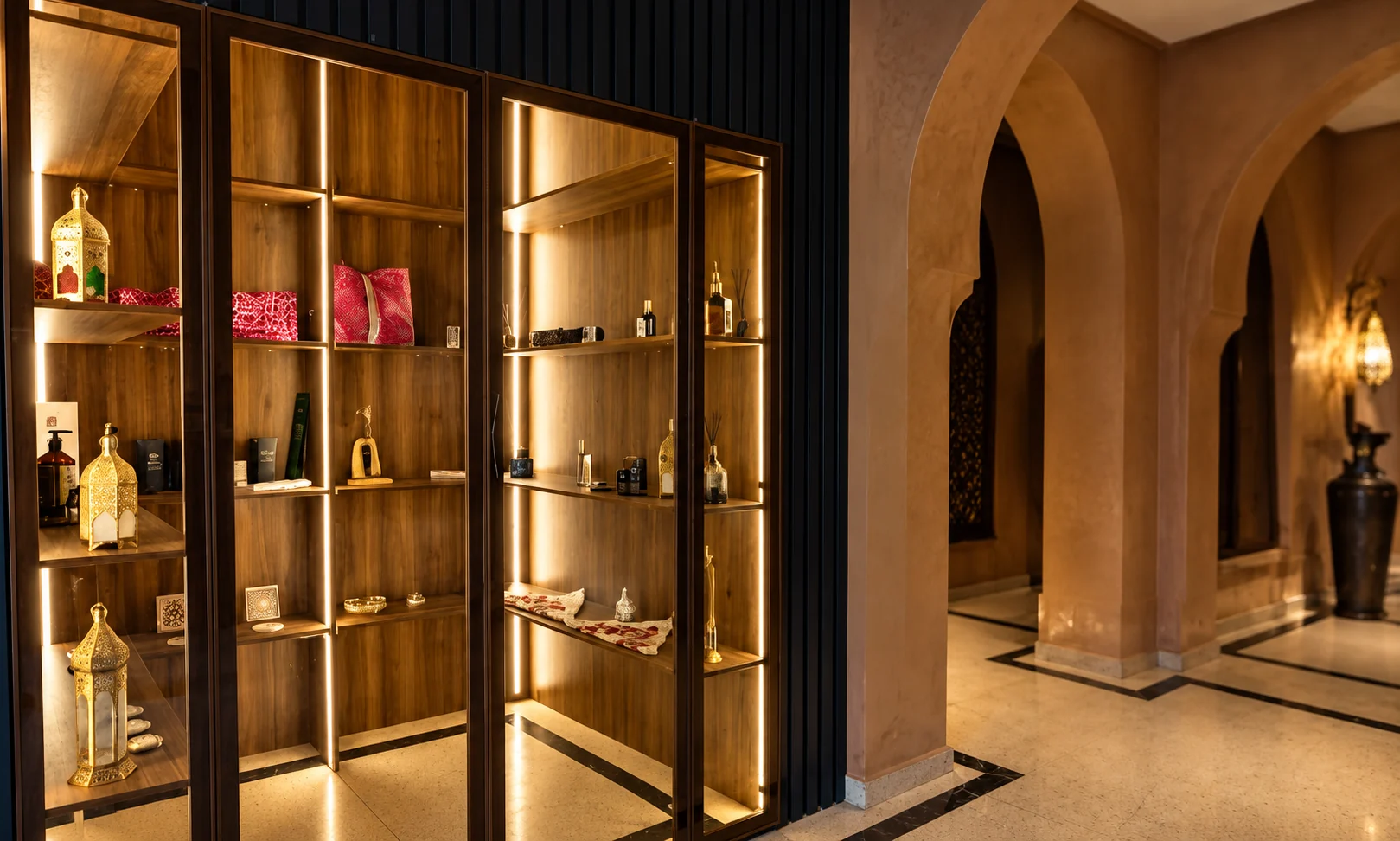Vitrines et objets d’artisanat de la boutique du Palais Anthea