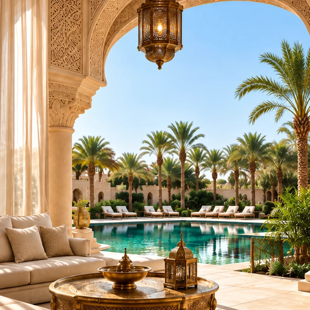 Arche marocaine sculptée ouverte sur la piscine et les palmiers