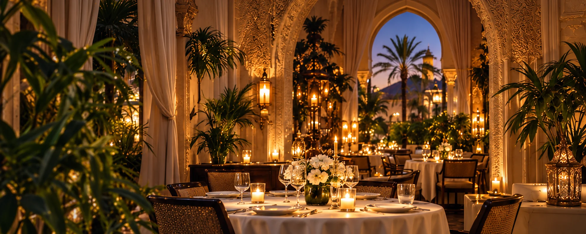 Tables aux chandelles sous les arches du restaurant Anthea
