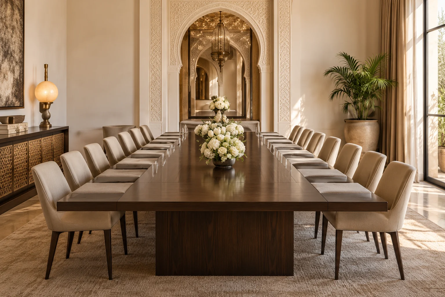 Table de réunion sous une arche marocaine au Palais Anthea