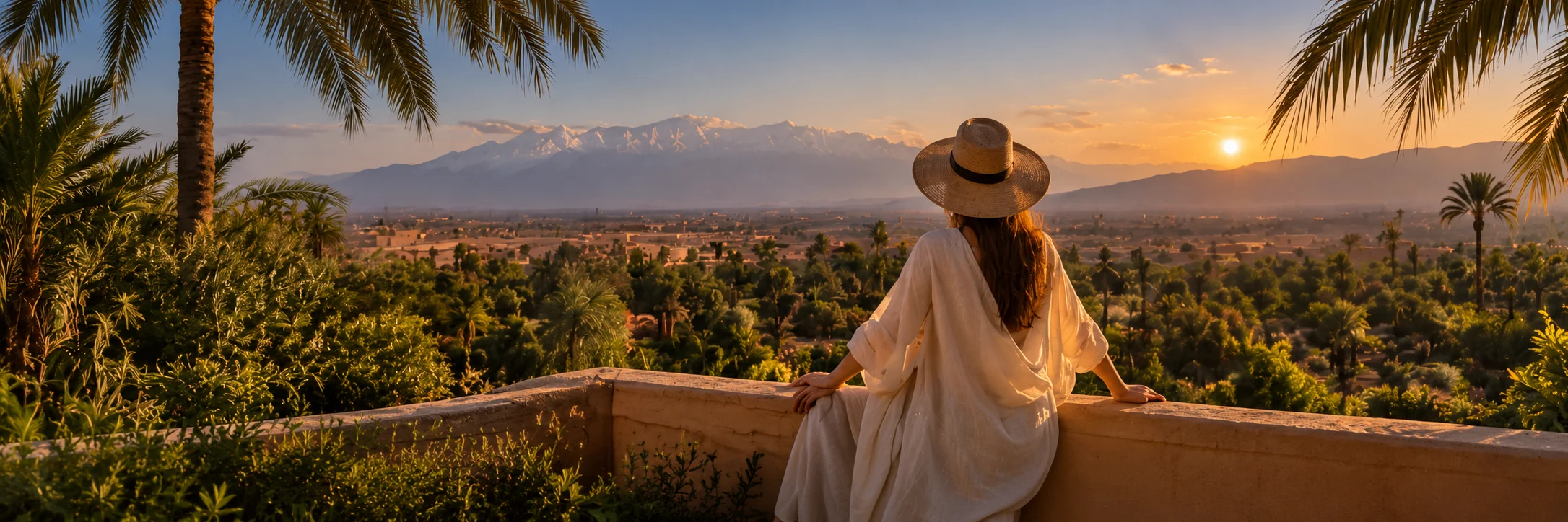 Voyageuse sur une terrasse avec vue sur les jardins de Marrakech et l’Atlas