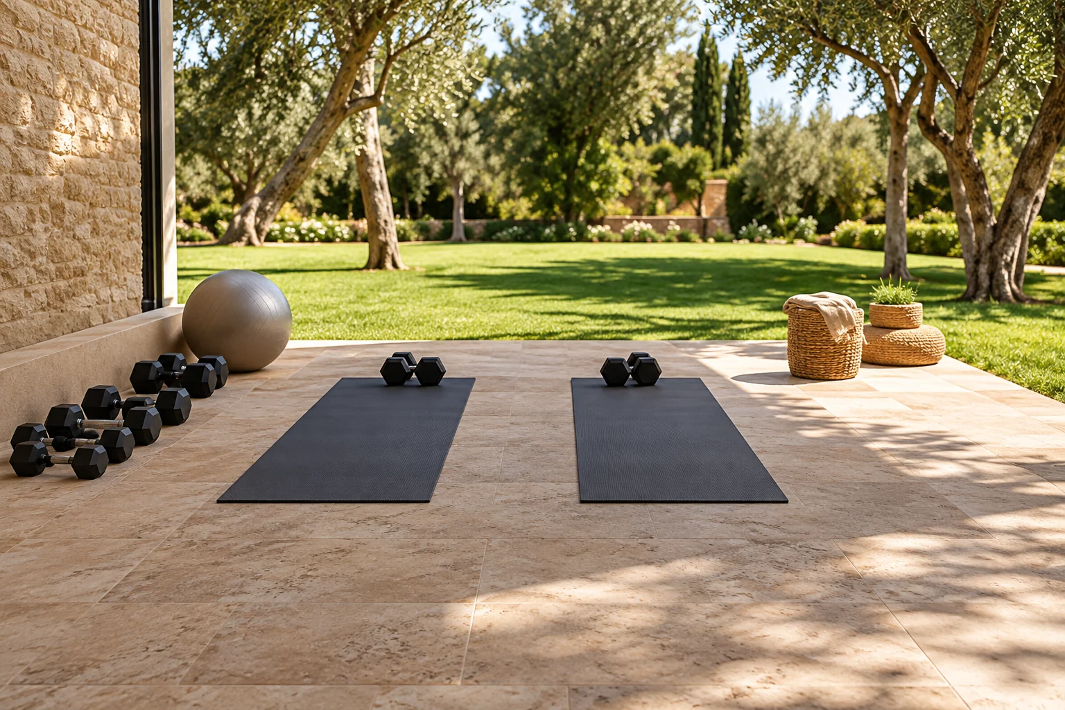 Tapis et équipements de fitness sur une terrasse ouverte sur les jardins