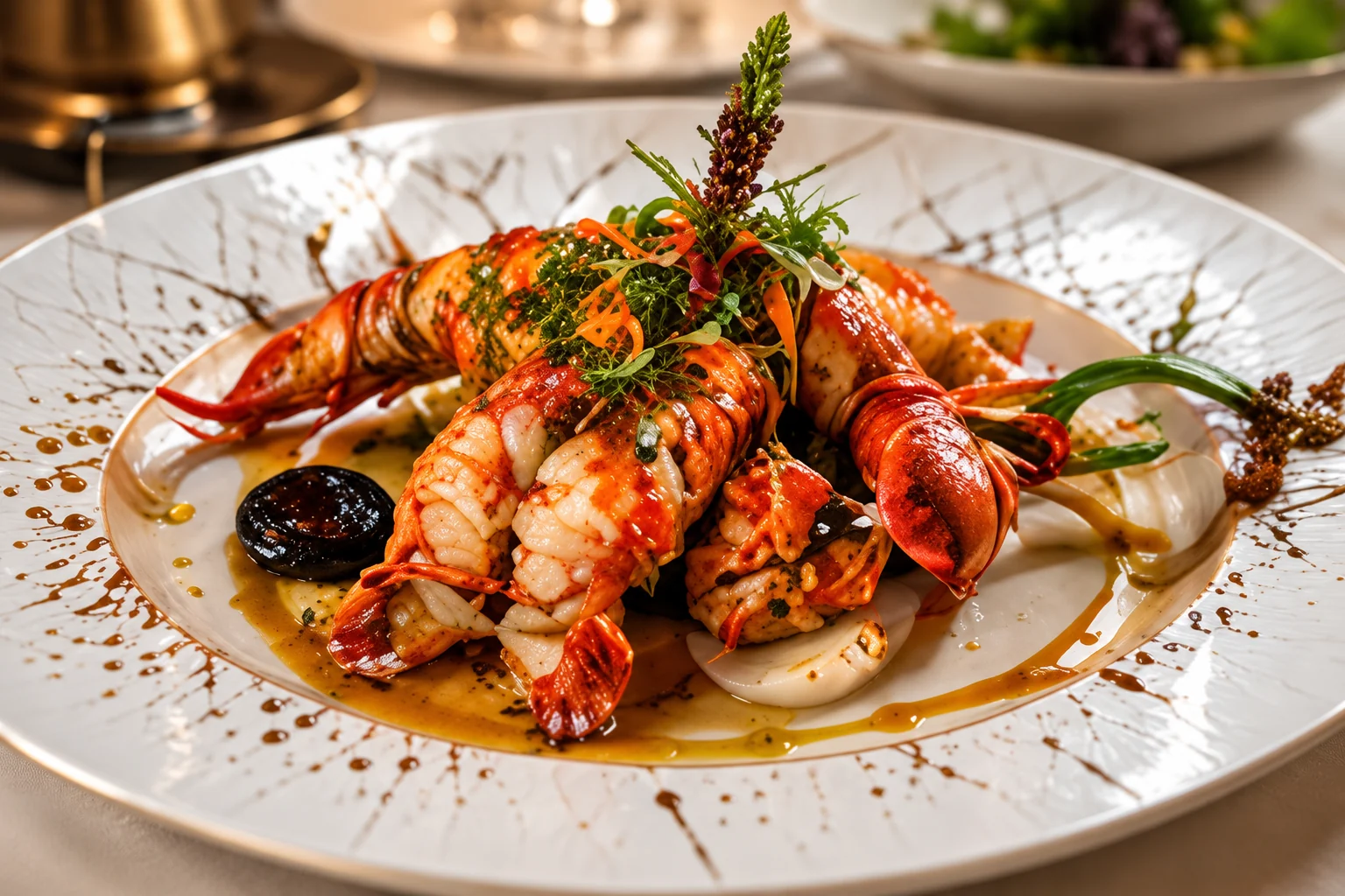 Homard et légumes, création de cuisine internationale