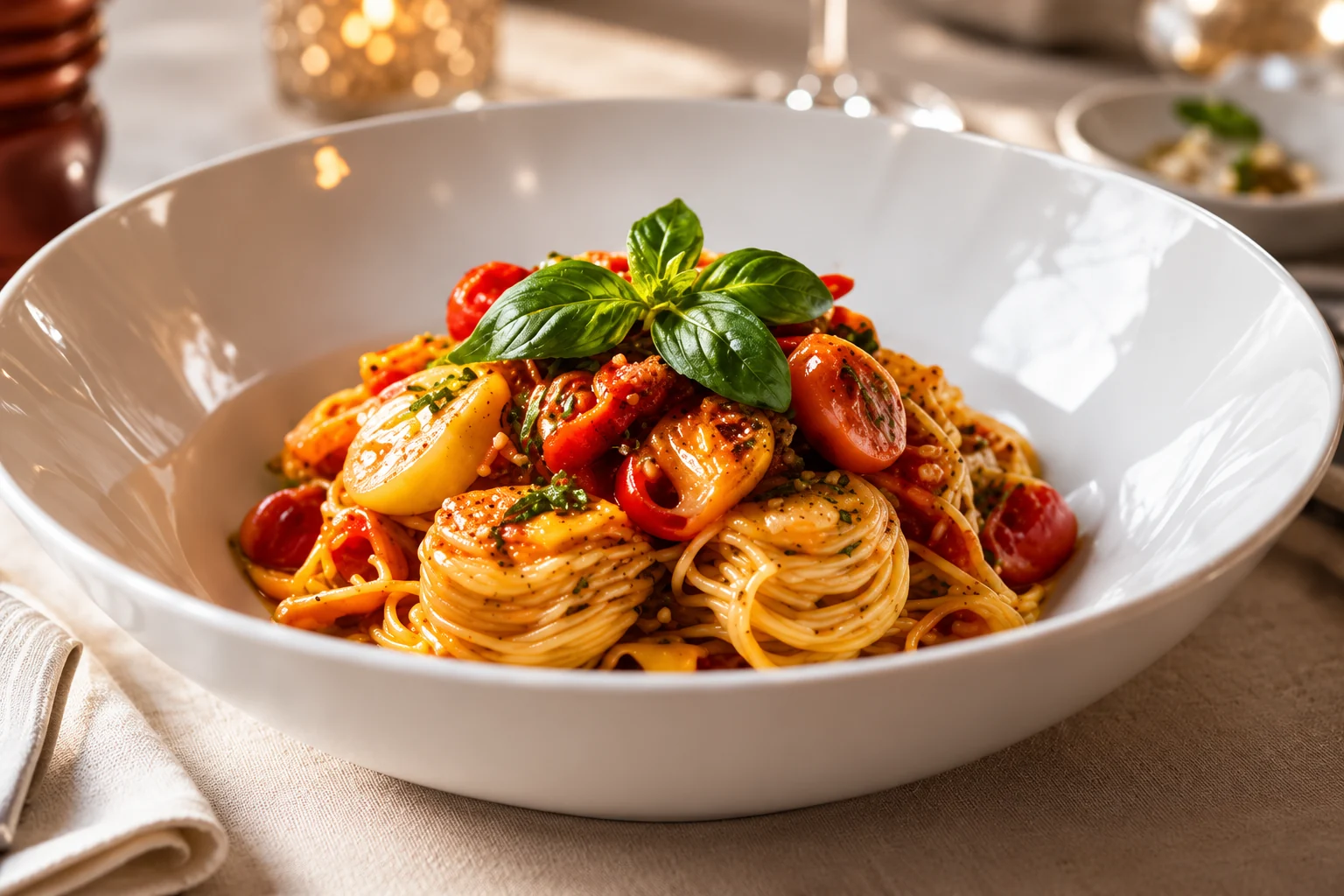 Pâtes italiennes aux tomates cerises et au basilic