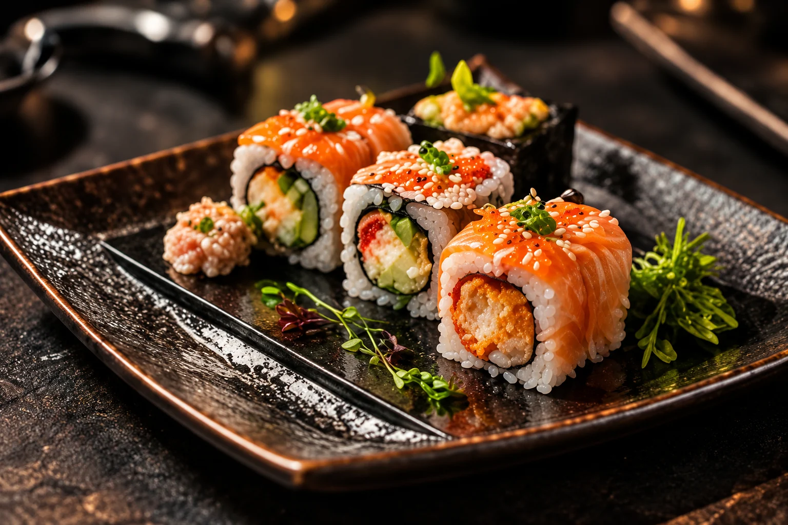 Assortiment de makis japonais sur une assiette artisanale