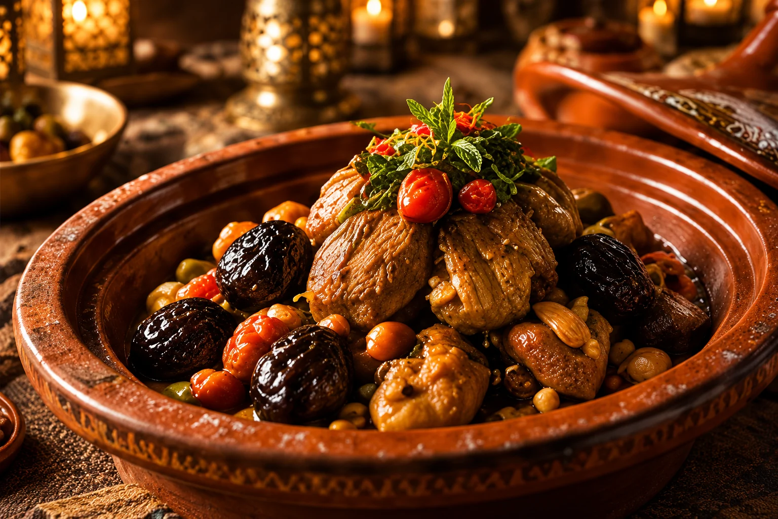 Tajine d’agneau marocain aux pruneaux et aux amandes