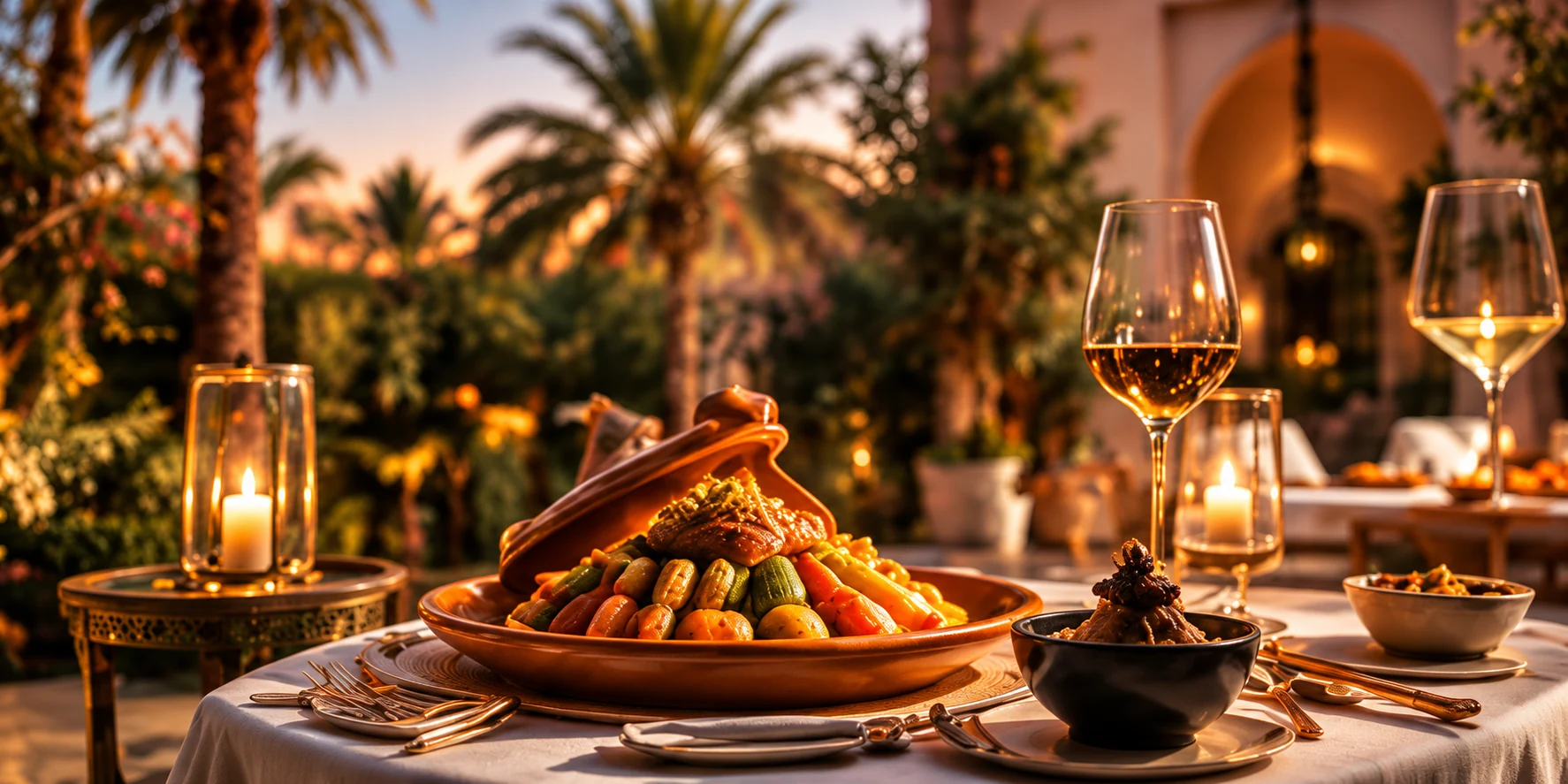 Tajine marocain servi à la lueur des bougies dans les jardins du Palais