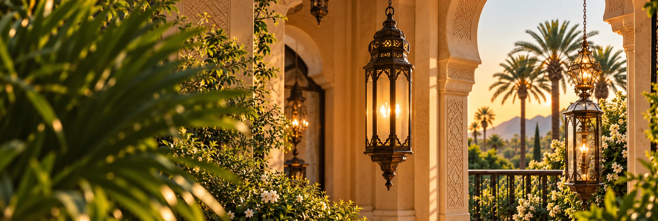 Lanternes en laiton et arches du Palais Anthea à la lumière du soir