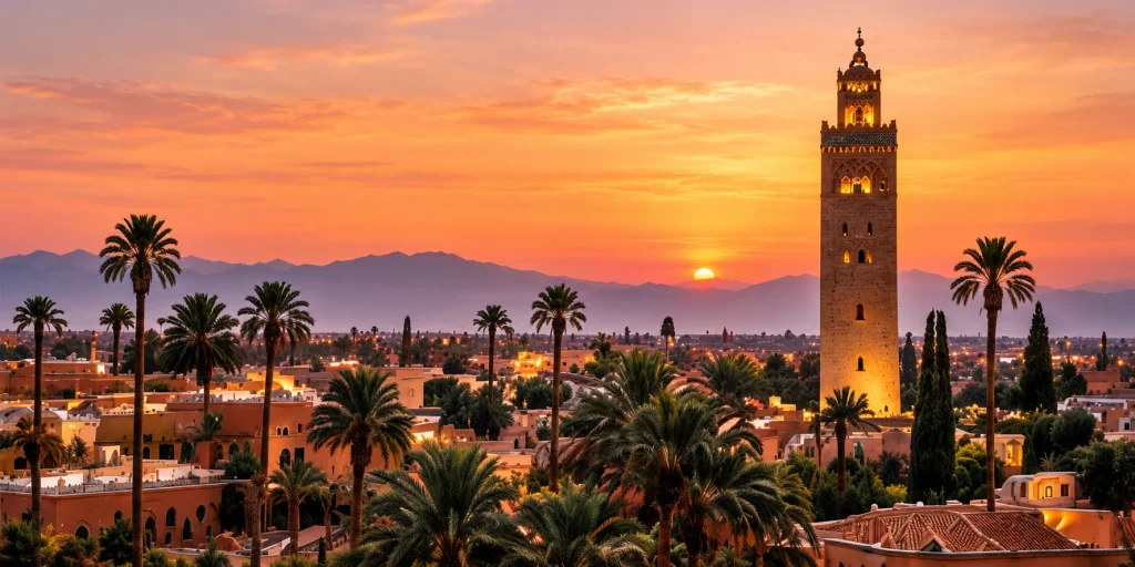Minaret de la Koutoubia et toits de Marrakech au coucher du soleil