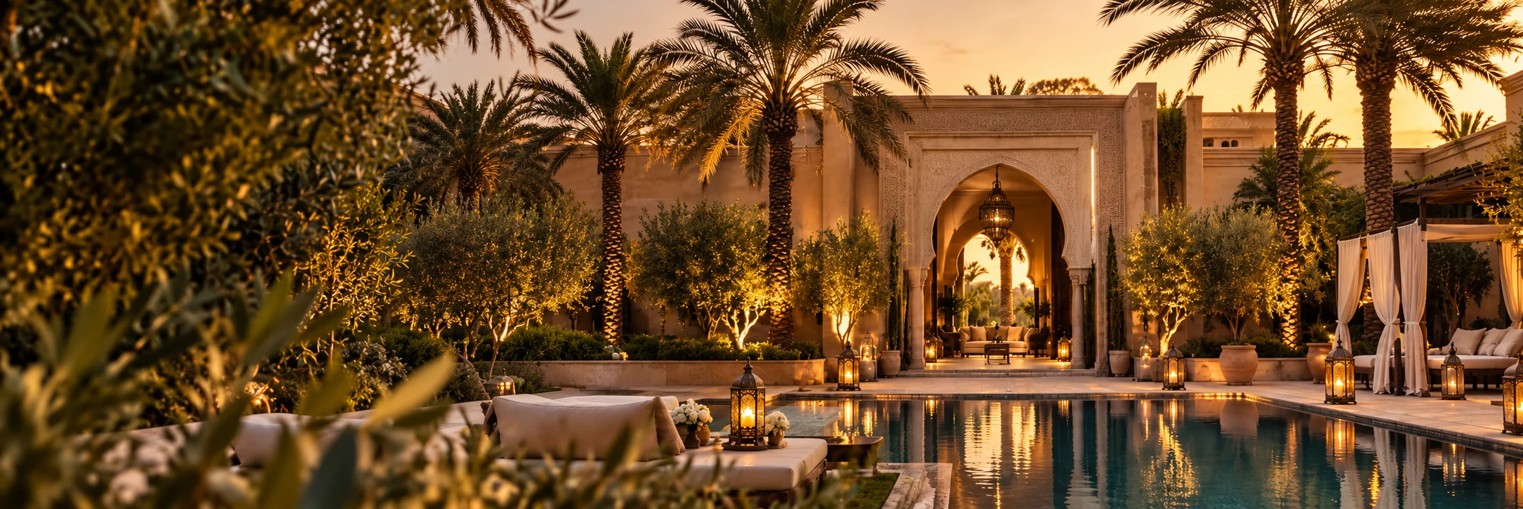 Piscine et arche marocaine du Palais Anthea au coucher du soleil