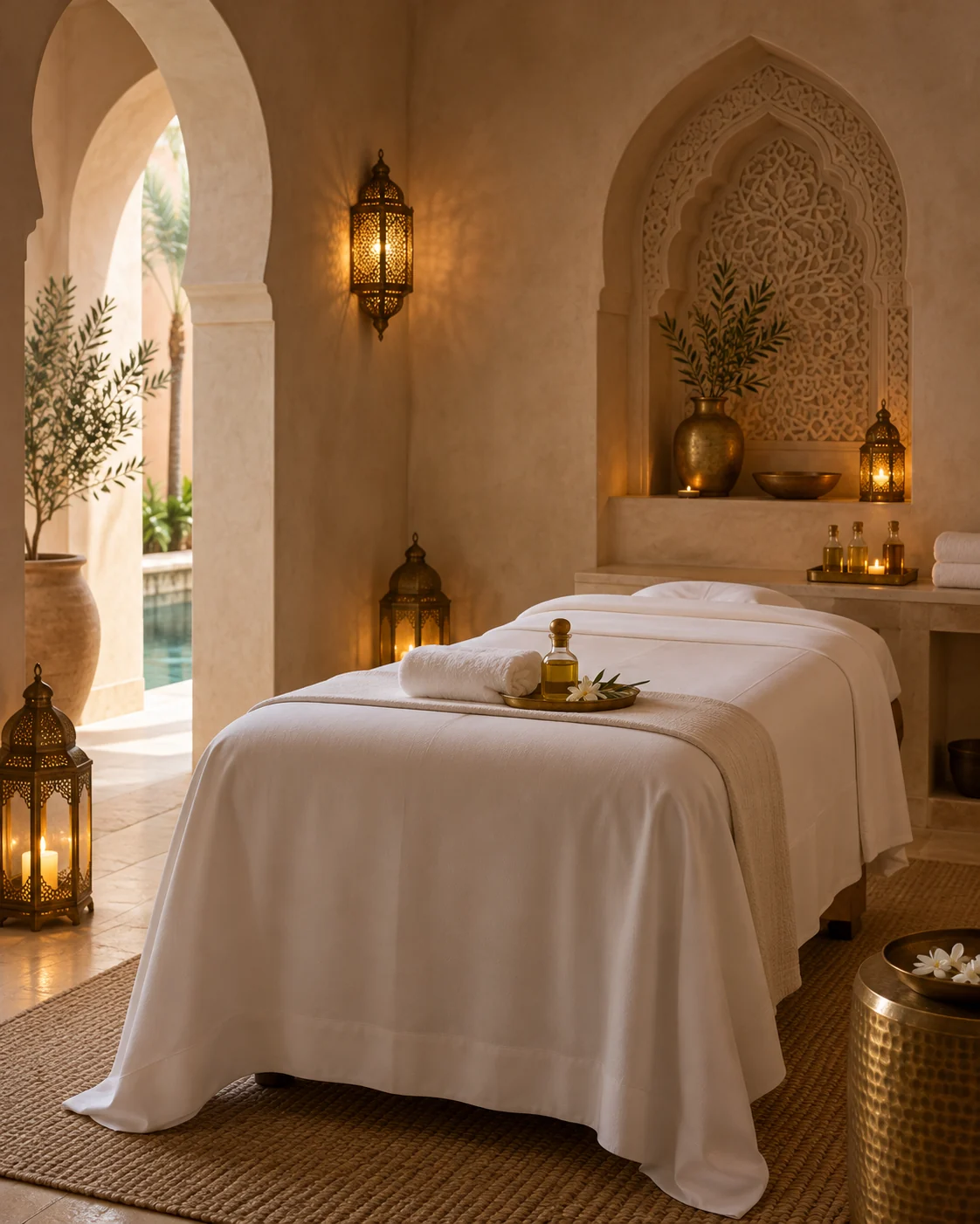 Espace de soin et table de massage préparée au spa du Palais Anthea