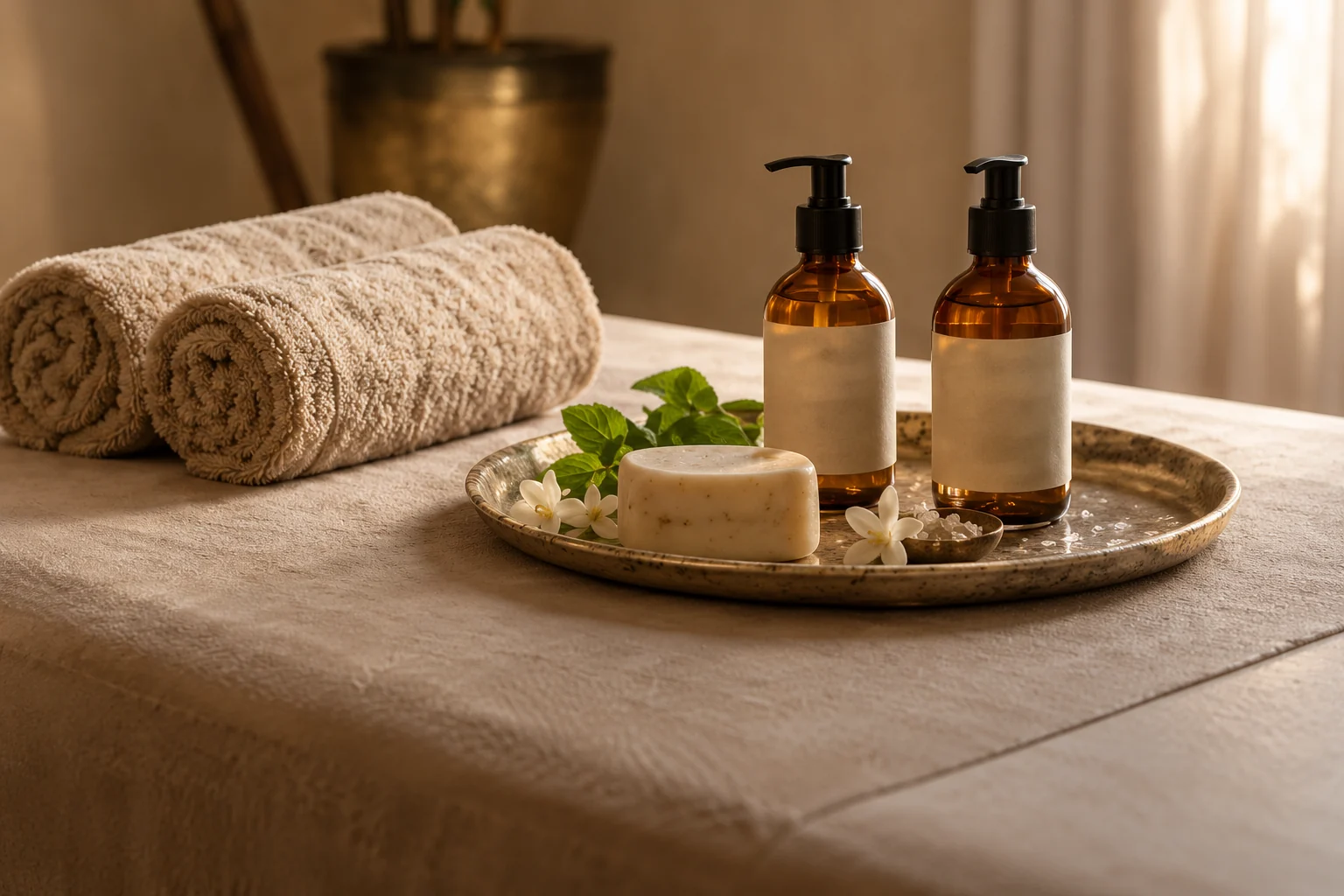 Huiles de massage, serviettes naturelles et produits de soin au spa